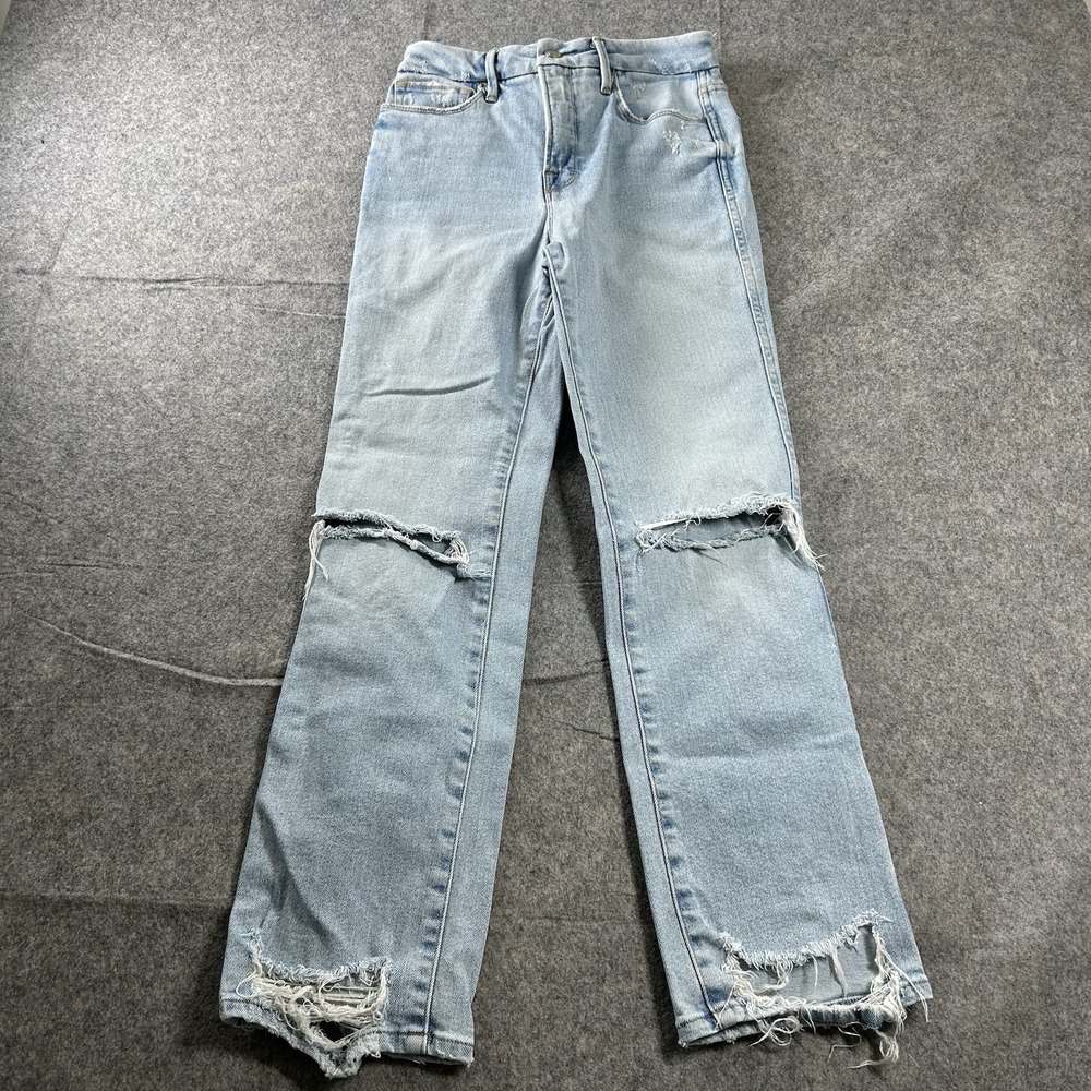 Good American Light Blue Distressed Straight Leg Jeans